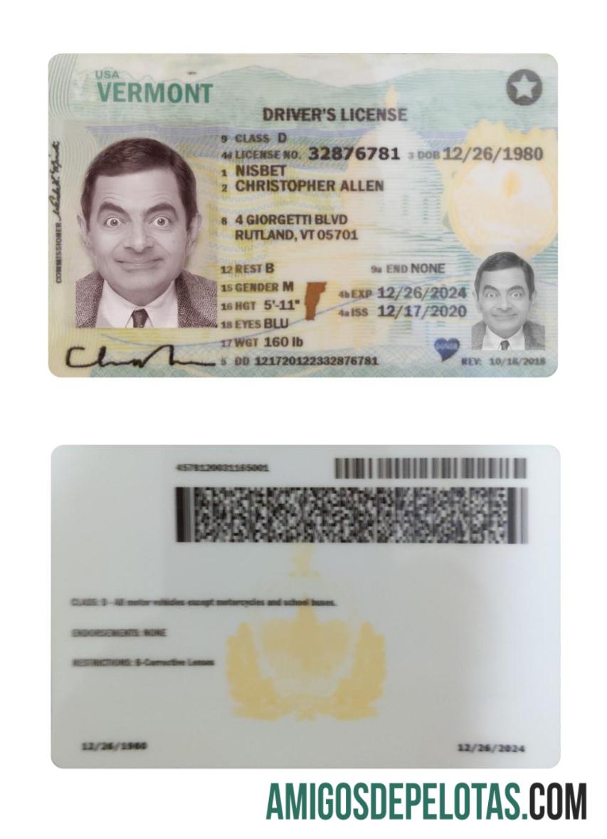 Carteira de habilitação dos EUA em Vermont 2020 presente modelo